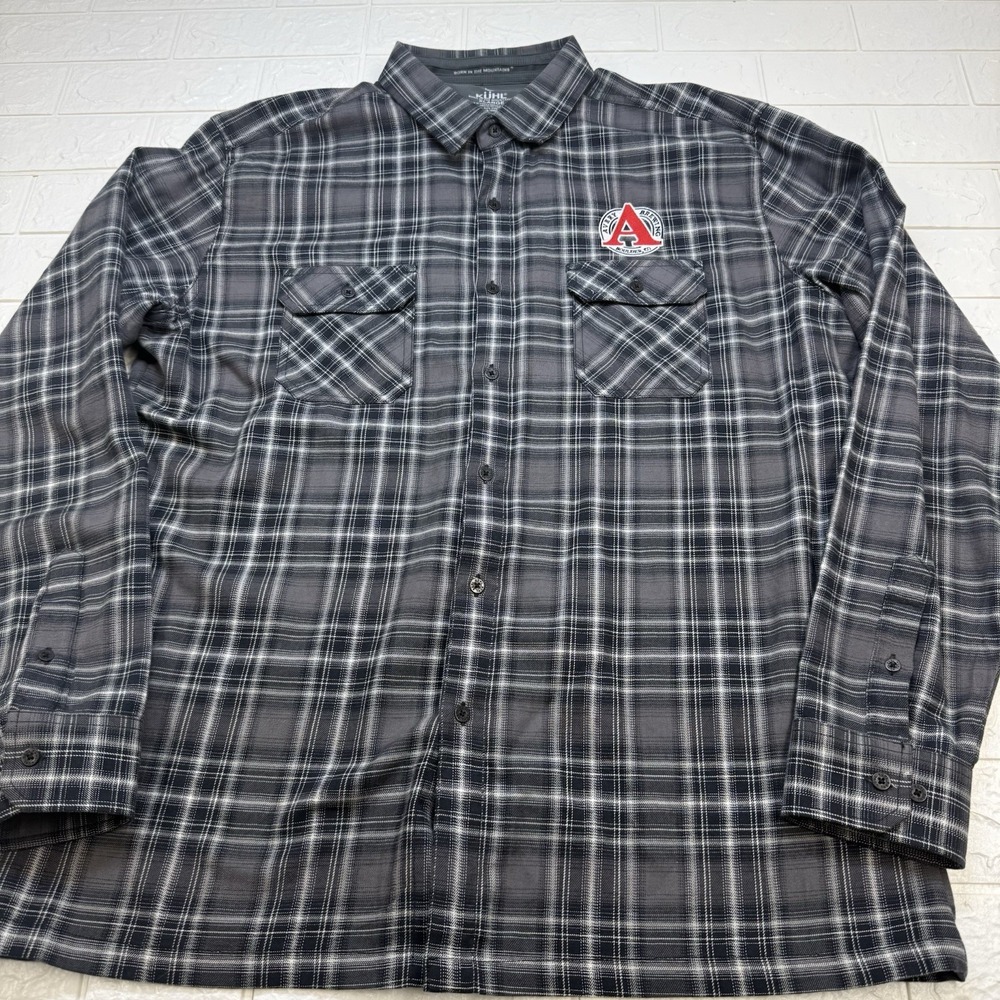 Kuhl Dillingr Flannel Shirt Mens XL Gray Plaid Avery Brewing Co Button Up